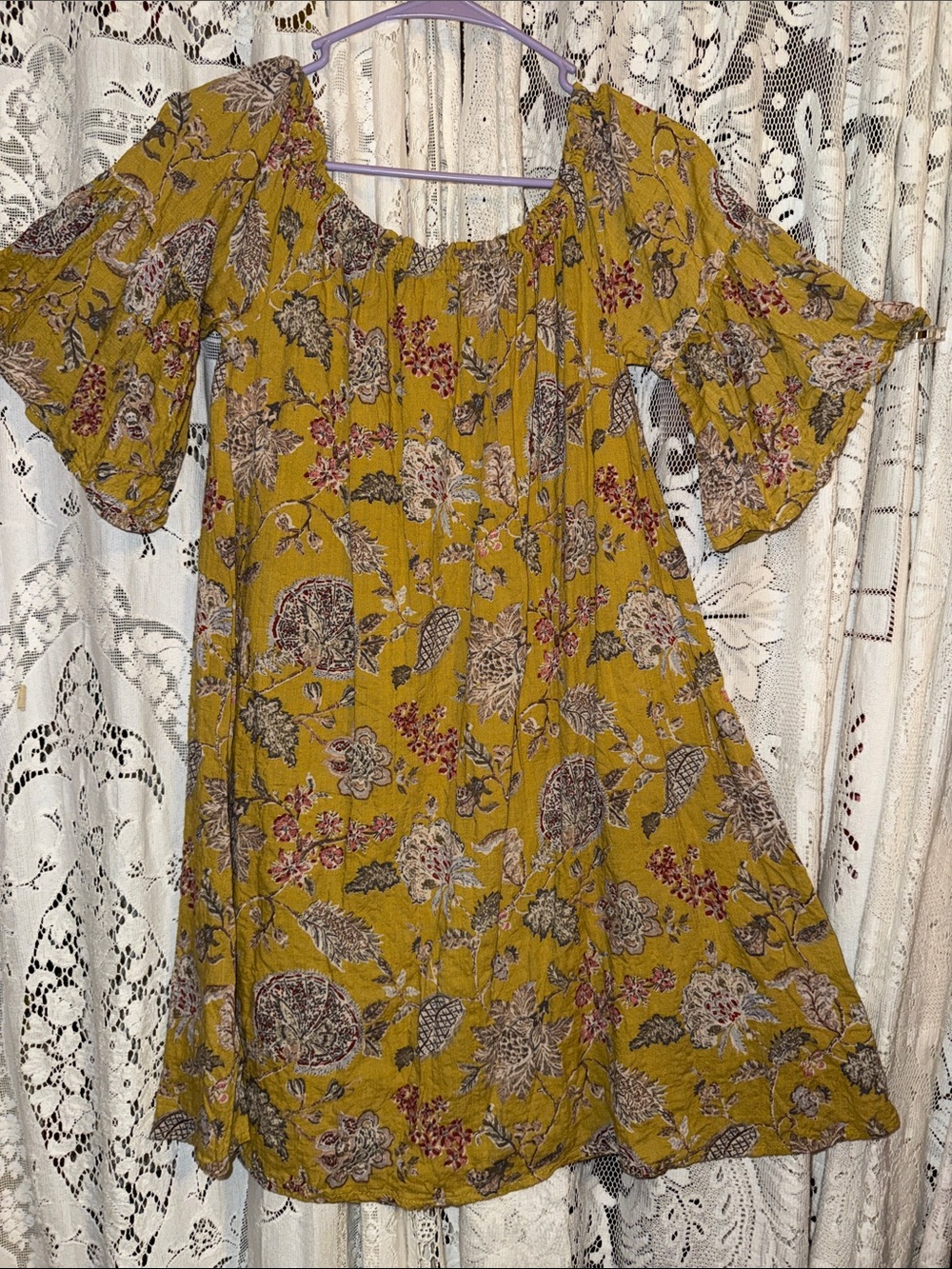 Umgee Mustard Floral Midi Dress with Puff Sleeves
